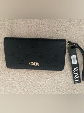 NWT Oxo Black Perforated Logo Wristlet Wallet with Gold Accent